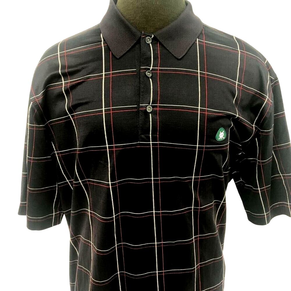 Brooks Brothers St Andrews Links Mens Golf Polo Shirt Black Plaid 100% Cotton L‎